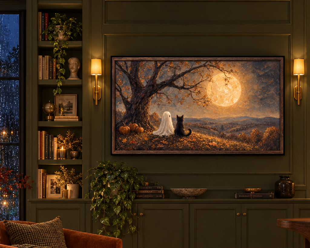 Halloween TV Wallpaper - Ghost & Black Cat Beneath the Harvest Moon | Palette Knife Oil Painting | Digital TV Screen Background | Instant Download