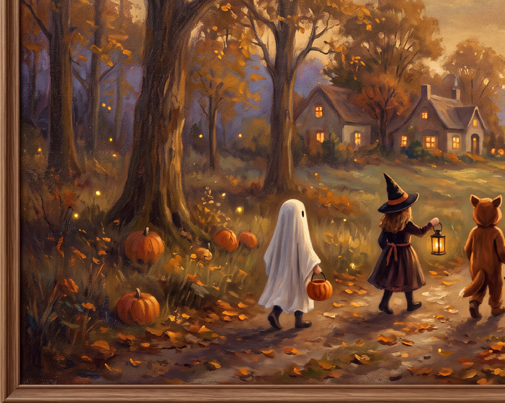 Halloween Trick or Treaters in a Cozy Village - Halloween TV Wallpaper | Oil Painting | Digital TV Screen Background | Instant Download