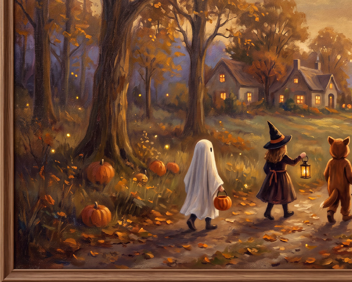 Halloween Trick or Treaters in a Cozy Village - Halloween TV Wallpaper | Oil Painting | Digital TV Screen Background | Instant Download