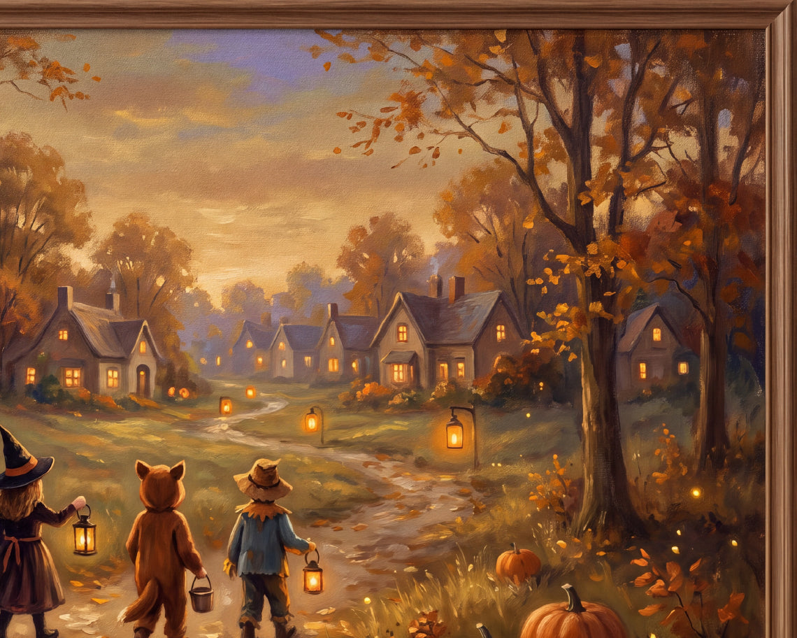 Halloween Trick or Treaters in a Cozy Village - Halloween TV Wallpaper | Oil Painting | Digital TV Screen Background | Instant Download