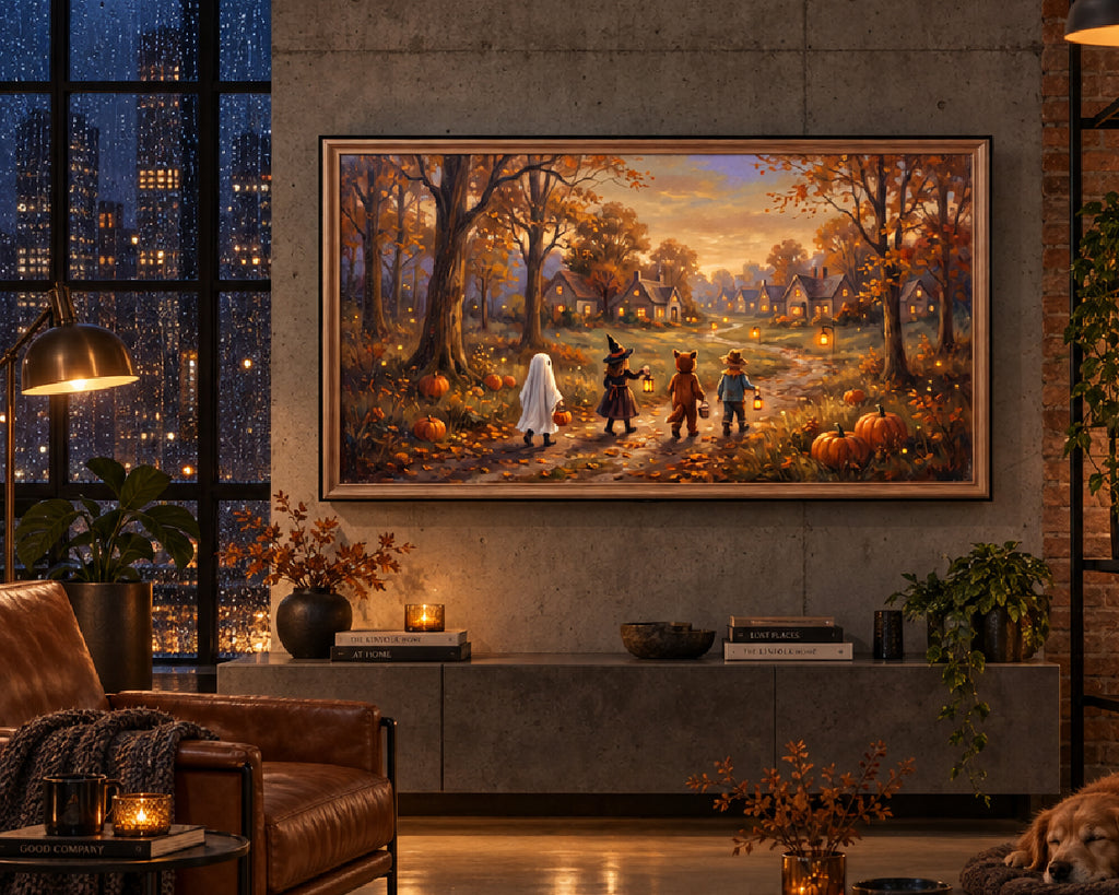 Halloween Trick or Treaters in a Cozy Village - Halloween TV Wallpaper | Oil Painting | Digital TV Screen Background | Instant Download