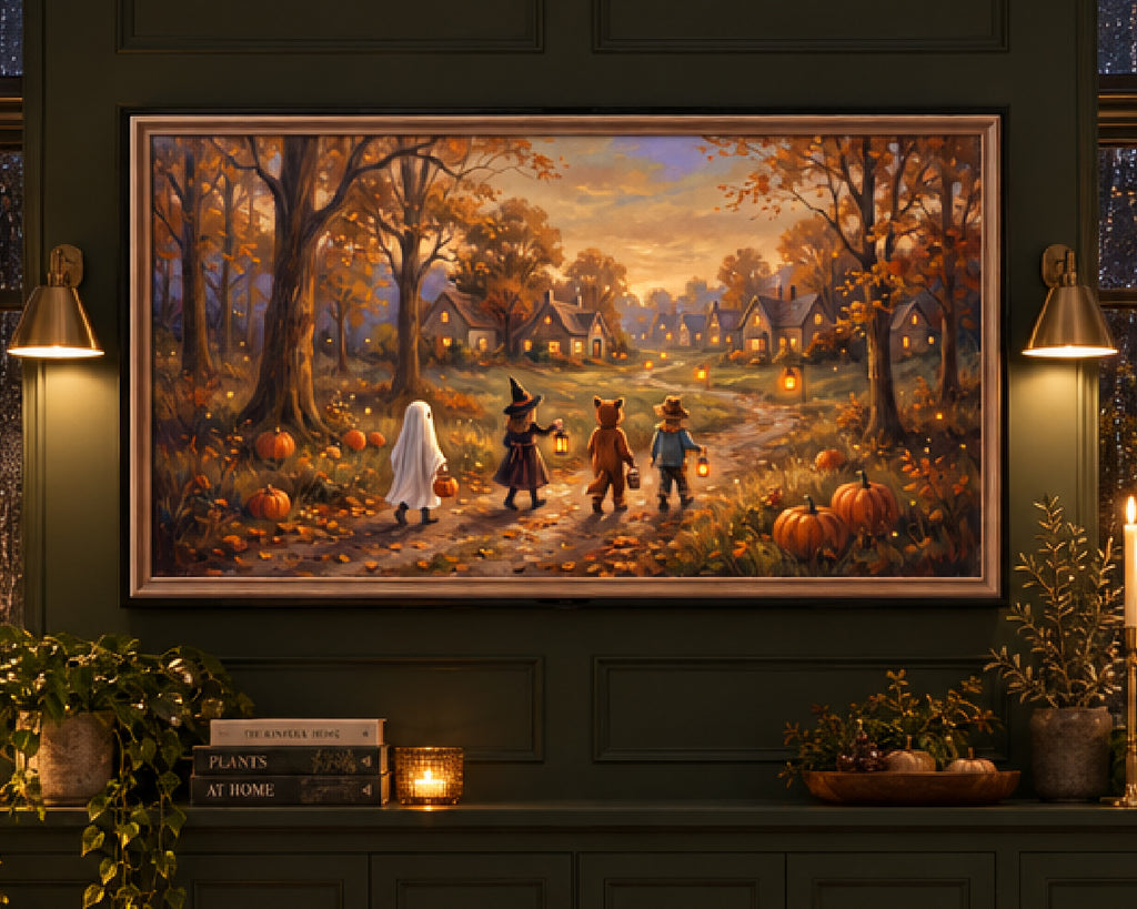 4 Cozy Ghost, Black Cat & Trick or Treater Scenes - Halloween TV Wallpaper | Palette Knife Oil Painting Bundle | Digital TV Screen Background | Instant Download