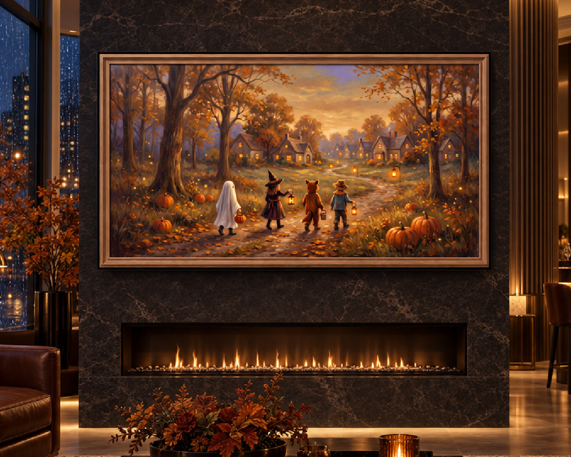 Halloween Trick or Treaters in a Cozy Village - Halloween TV Wallpaper | Oil Painting | Digital TV Screen Background | Instant Download
