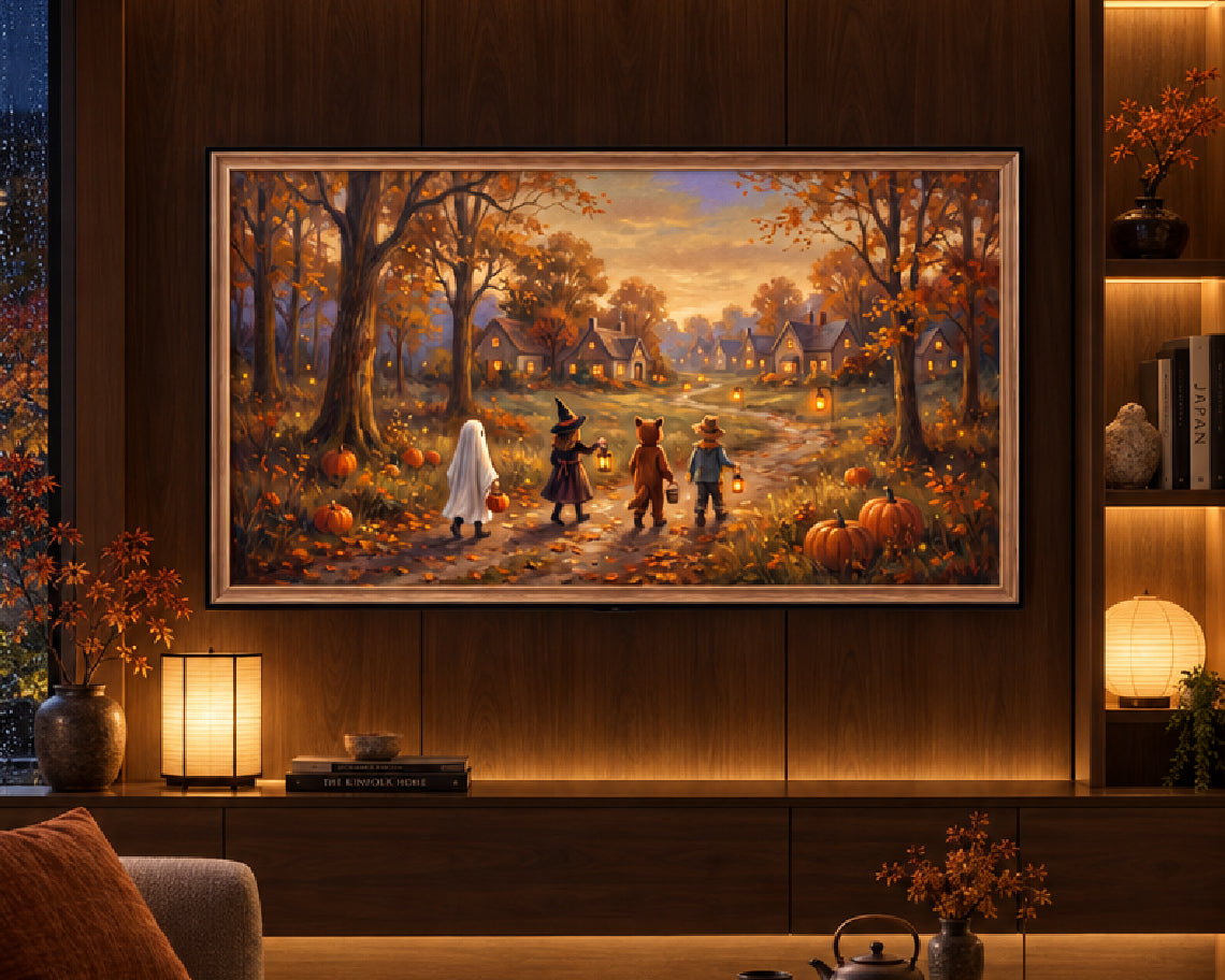 Halloween Trick or Treaters in a Cozy Village - Halloween TV Wallpaper | Oil Painting | Digital TV Screen Background | Instant Download