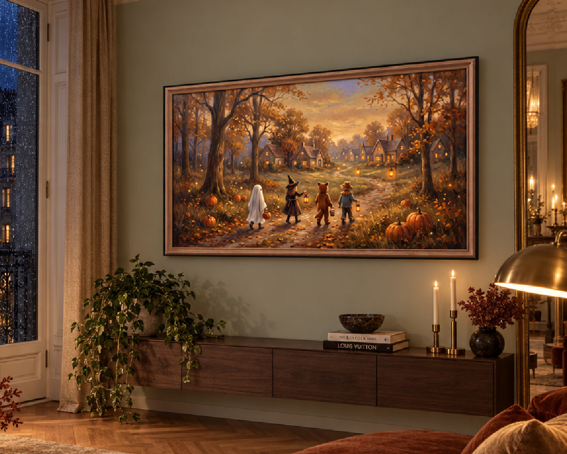 Halloween Trick or Treaters in a Cozy Village - Halloween TV Wallpaper | Oil Painting | Digital TV Screen Background | Instant Download