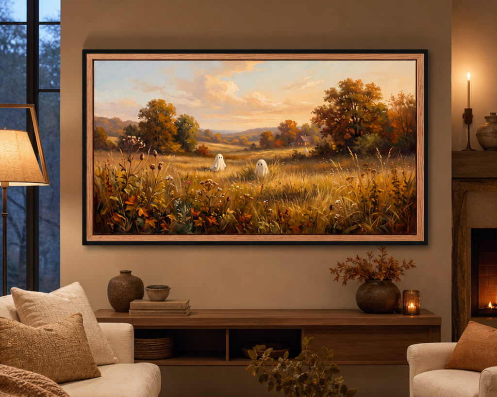 Autumn Ghosts at Golden Hour - Halloween TV Wallpaper | Oil Painting | Digital TV Screen Background | Instant Download
