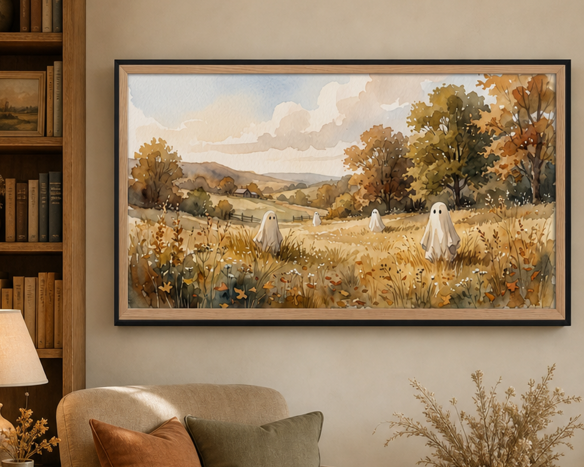 Rustic Autumn Countryside Ghosts - Halloween TV Wallpaper | Watercolor Painting | Instant Download