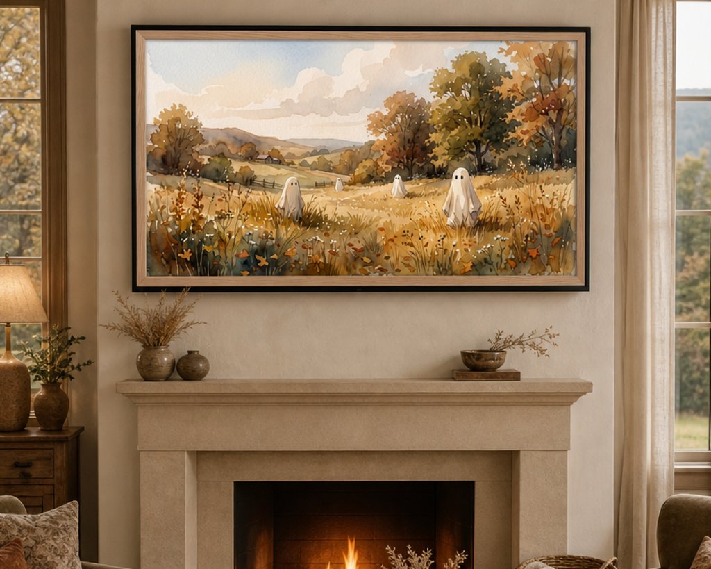Rustic Autumn Countryside Ghosts - Halloween TV Wallpaper | Watercolor Painting | Instant Download