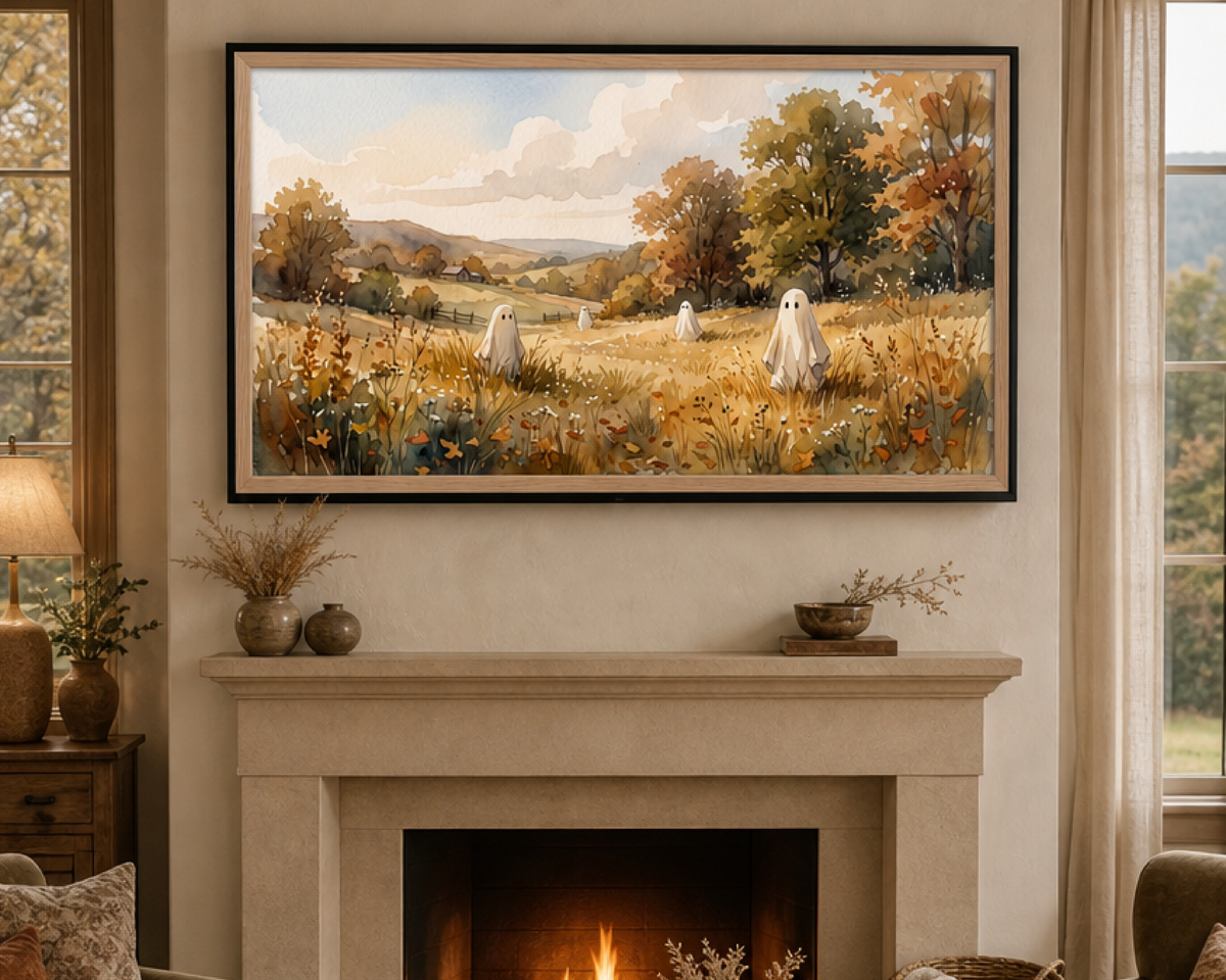 Rustic Autumn Countryside Ghosts - Halloween TV Wallpaper | Watercolor Painting | Instant Download