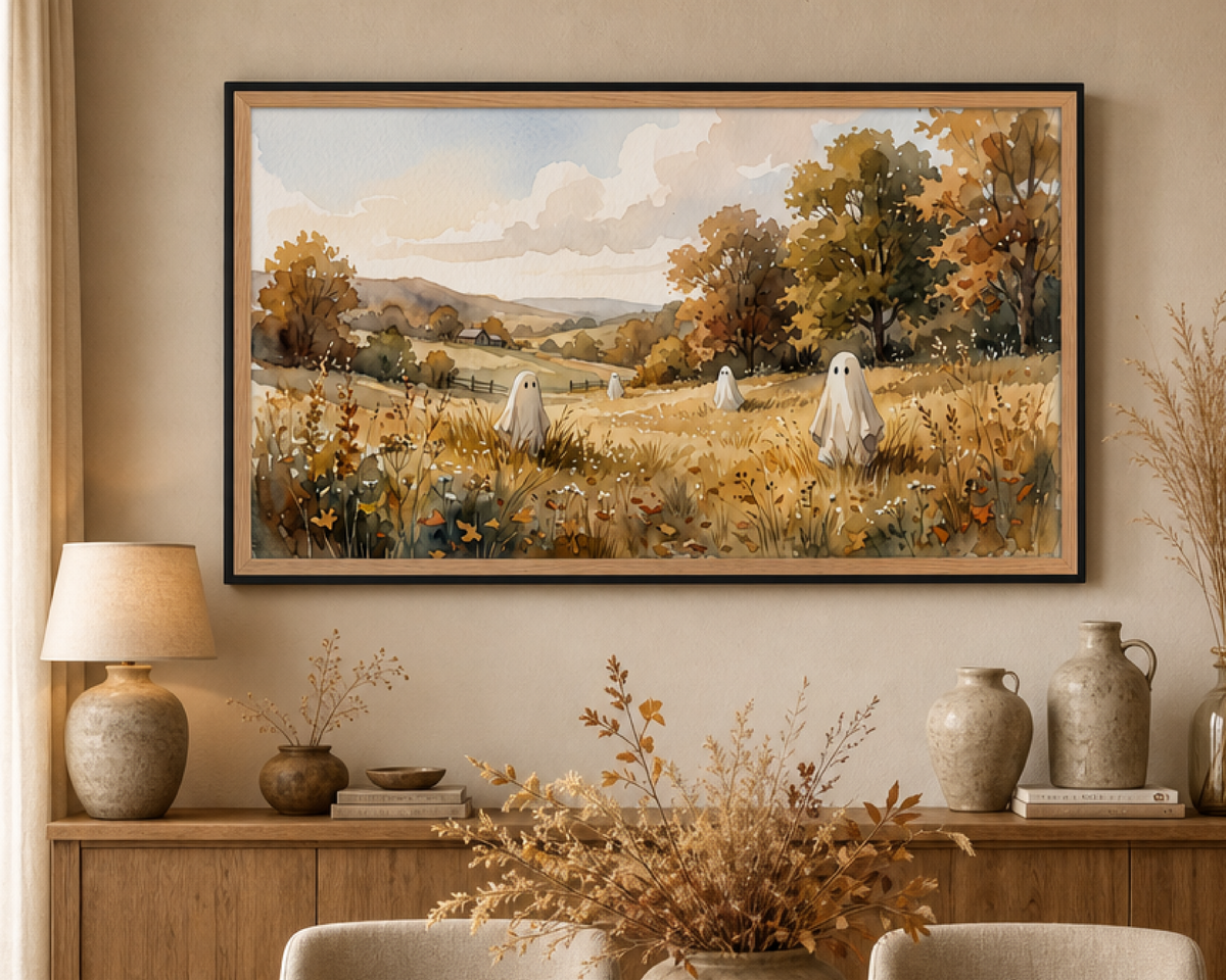 Rustic Autumn Countryside Ghosts - Halloween TV Wallpaper | Watercolor Painting | Instant Download