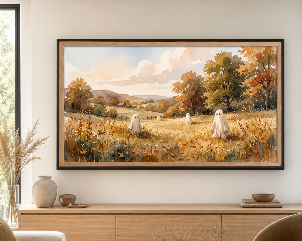 Rustic Autumn Countryside Ghosts - Halloween TV Wallpaper | Watercolor Painting | Instant Download