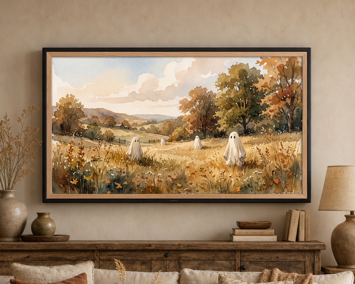 Rustic Autumn Countryside Ghosts - Halloween TV Wallpaper | Watercolor Painting | Instant Download