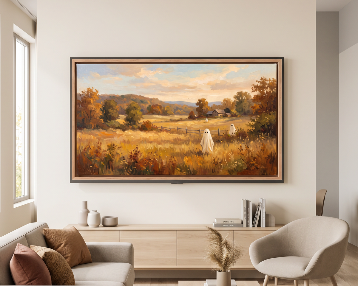 Golden Autumn Meadow Ghosts - Halloween TV Wallpaper | Acrylic Painting | Instant Download