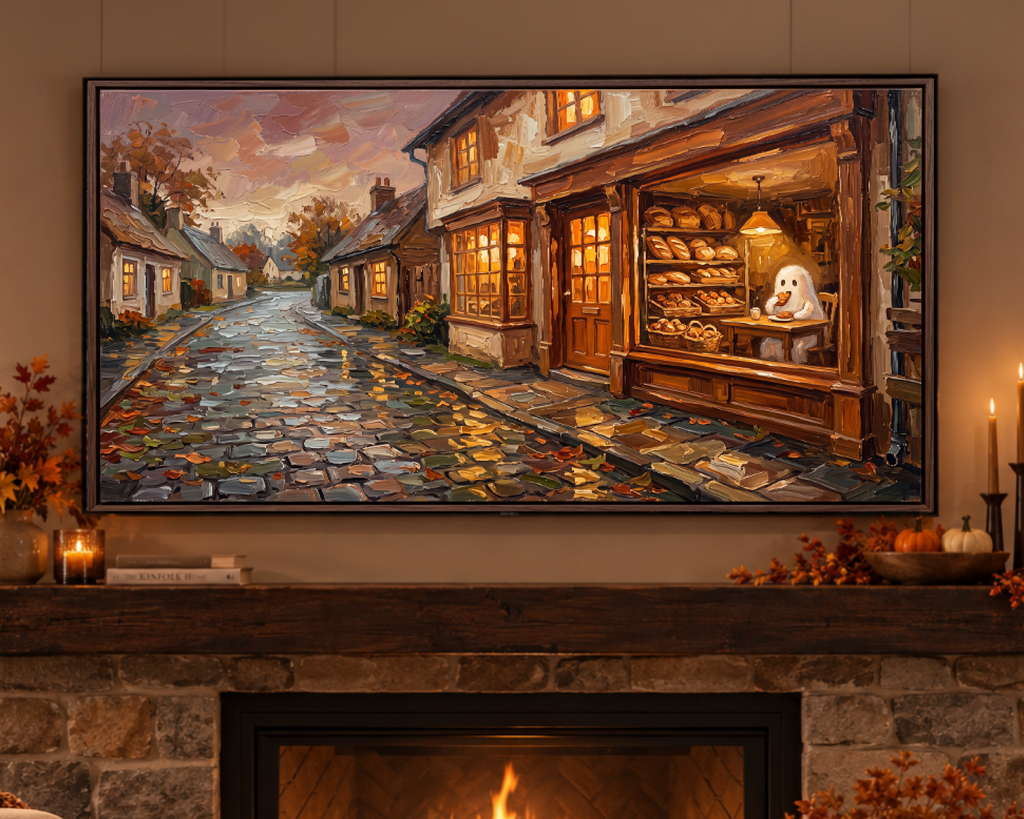 Cozy Halloween Bakery - Halloween TV Wallpaper | Palette Knife Oil Painting | Digital TV Screen Background | Instant Download