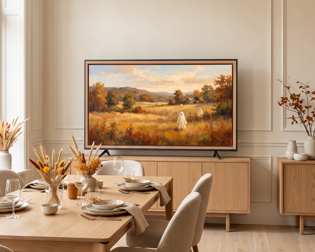 Golden Autumn Meadow Ghosts - Halloween TV Wallpaper | Acrylic Painting | Instant Download