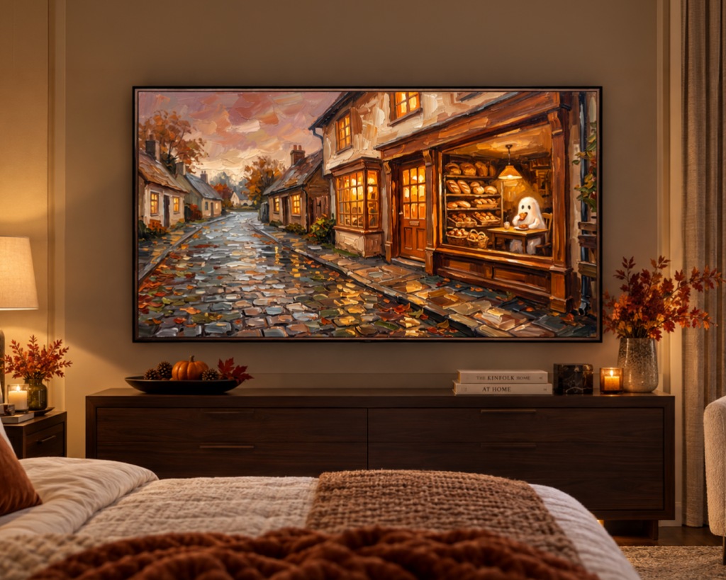 Cozy Halloween Bakery - Halloween TV Wallpaper | Palette Knife Oil Painting | Digital TV Screen Background | Instant Download