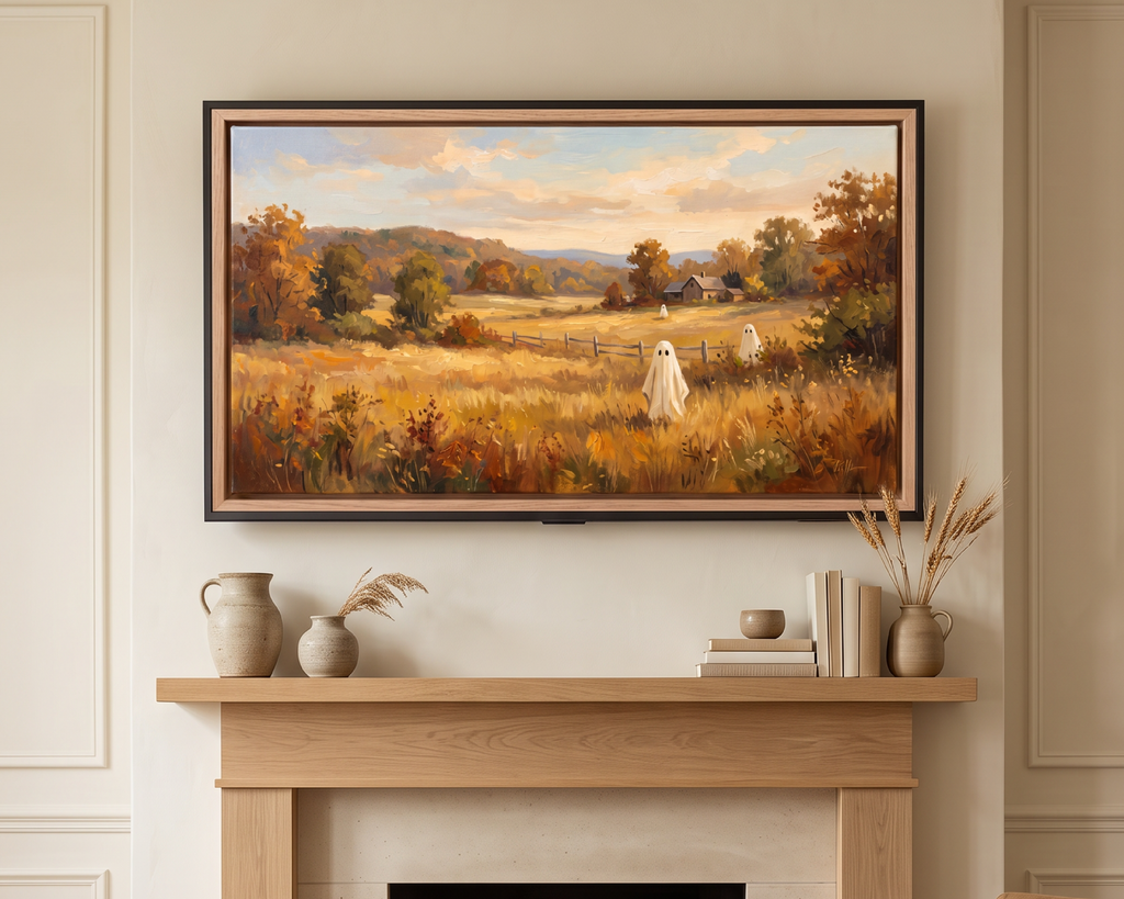 Golden Autumn Meadow Ghosts - Halloween TV Wallpaper | Acrylic Painting | Instant Download