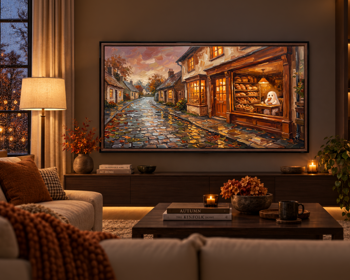 Cozy Halloween Bakery - Halloween TV Wallpaper | Palette Knife Oil Painting | Digital TV Screen Background | Instant Download