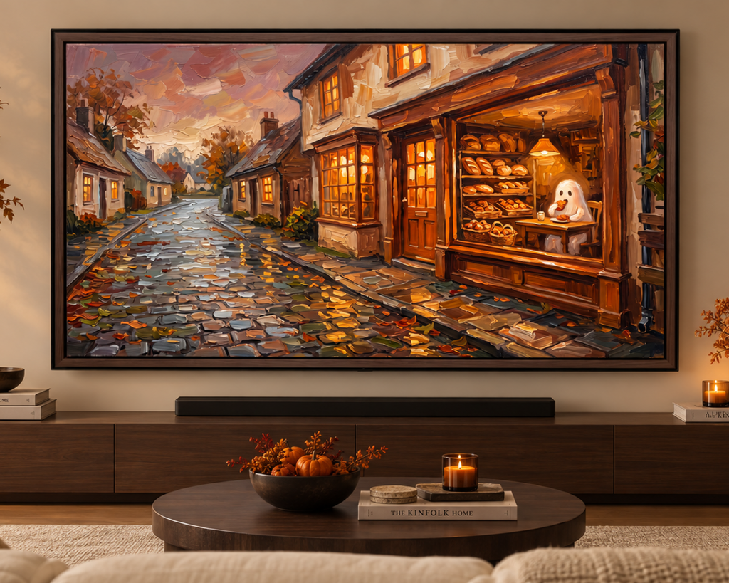 Cozy Halloween Bakery - Halloween TV Wallpaper | Palette Knife Oil Painting | Digital TV Screen Background | Instant Download