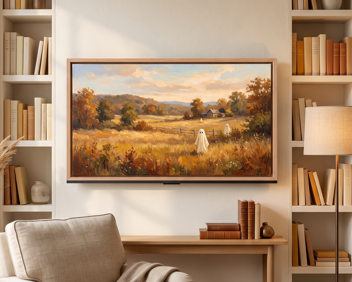 Golden Autumn Meadow Ghosts - Halloween TV Wallpaper | Acrylic Painting | Instant Download