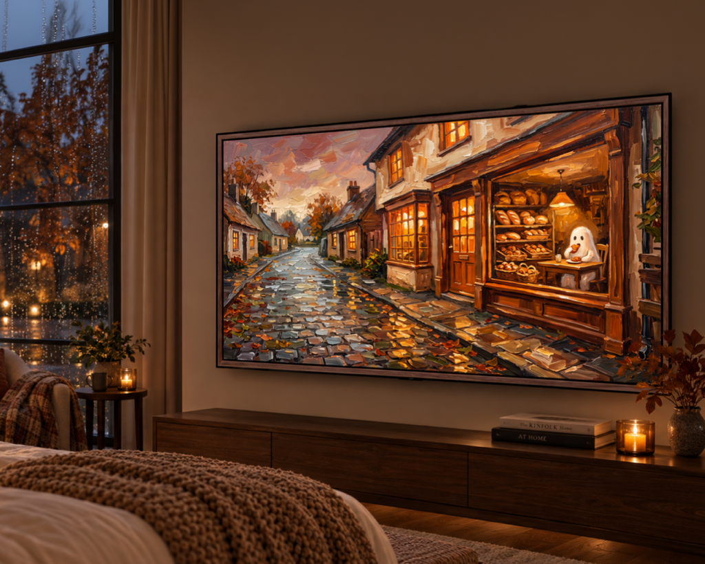 Cozy Halloween Bakery - Halloween TV Wallpaper | Palette Knife Oil Painting | Digital TV Screen Background | Instant Download