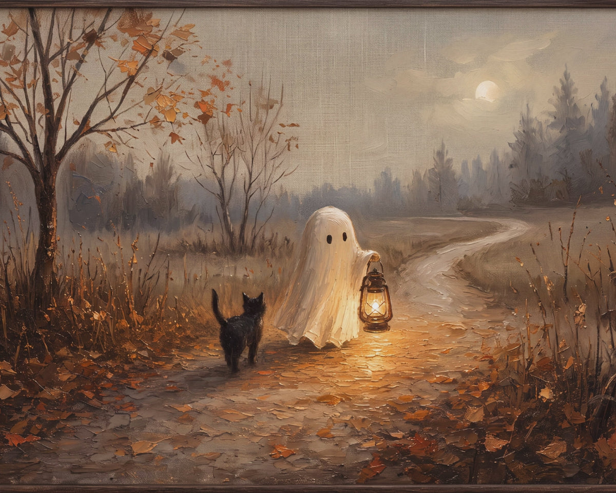 Halloween TV Wallpaper Bundle - 4 Ghost & Black Cat Autumn Scenes | Palette Knife Oil Painting | Frame TV Art | Instant Download