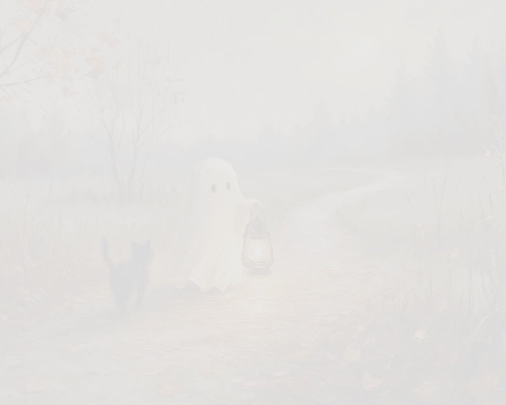 Halloween TV Wallpaper - Ghost & Black Cat on Lantern Path | Palette Knife Oil Painting | Digital TV Screen Background | Instant Download