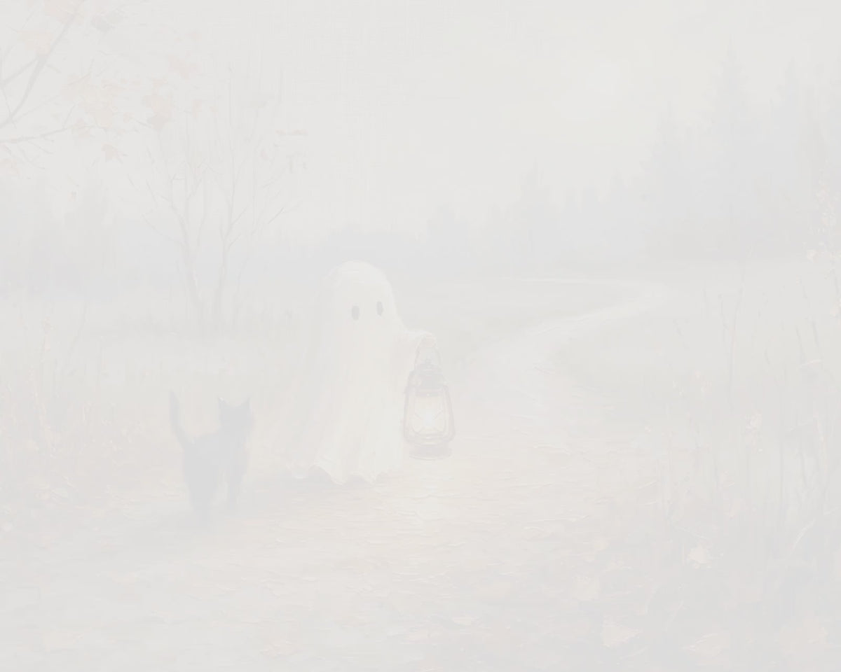 Halloween TV Wallpaper - Ghost & Black Cat on Lantern Path | Palette Knife Oil Painting | Digital TV Screen Background | Instant Download