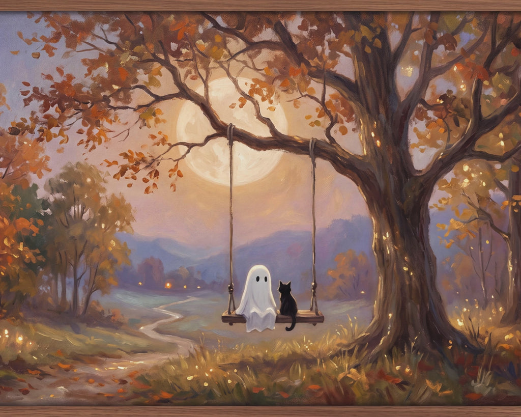 4 Cozy Ghost, Black Cat & Trick or Treater Scenes - Halloween TV Wallpaper | Palette Knife Oil Painting Bundle | Digital TV Screen Background | Instant Download