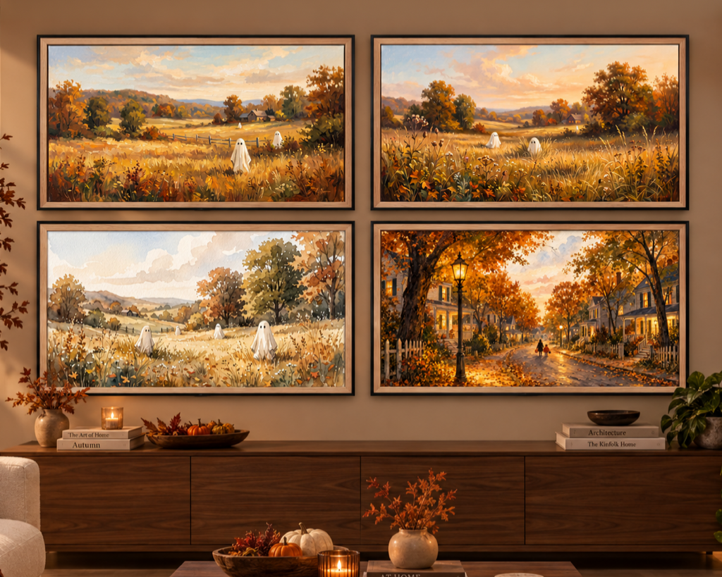 Halloween TV Wallpaper Bundle - 4 Cozy Autumn Designs | Ghost & Trick or Treaters | Frame TV Art | Instant Download